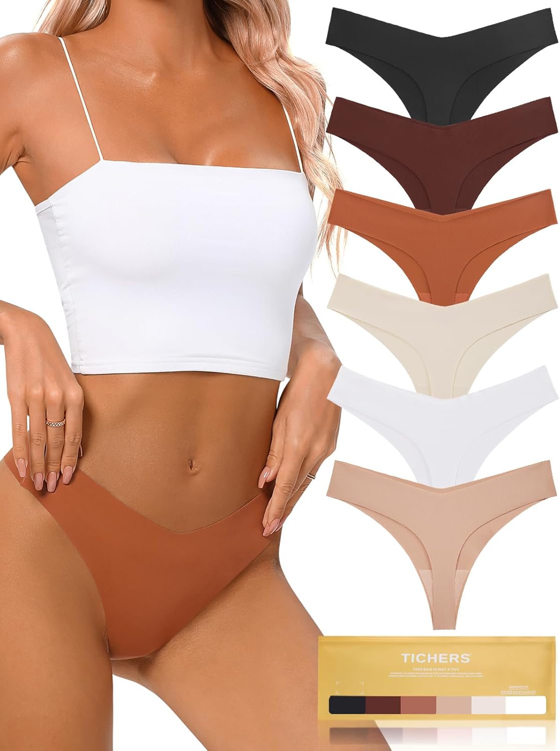 tichers Seamless Thongs for Women No Show Thong V-waisted Stretch Breathable Sexy Panties Underwear 6 Pack
