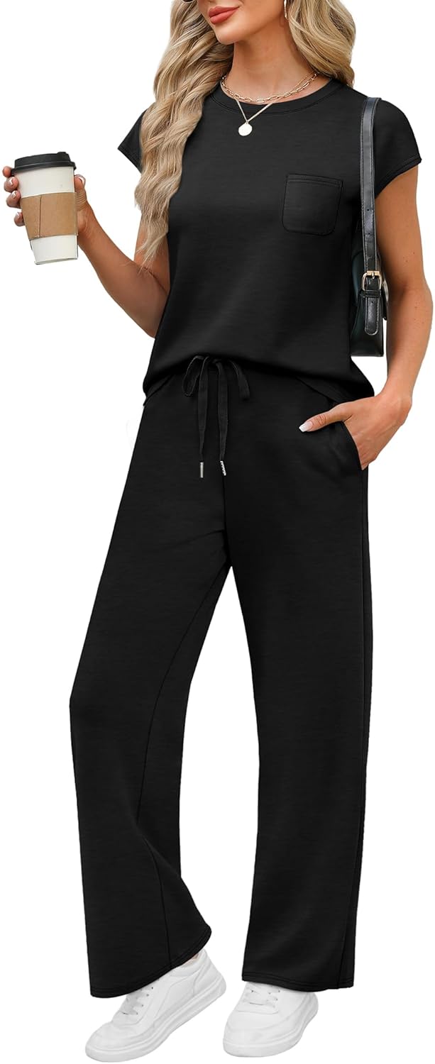 WIHOLL 2 Piece Sets for Women Casual Summer Travel Vacation Outfits Cap Sleeve Lounge Set