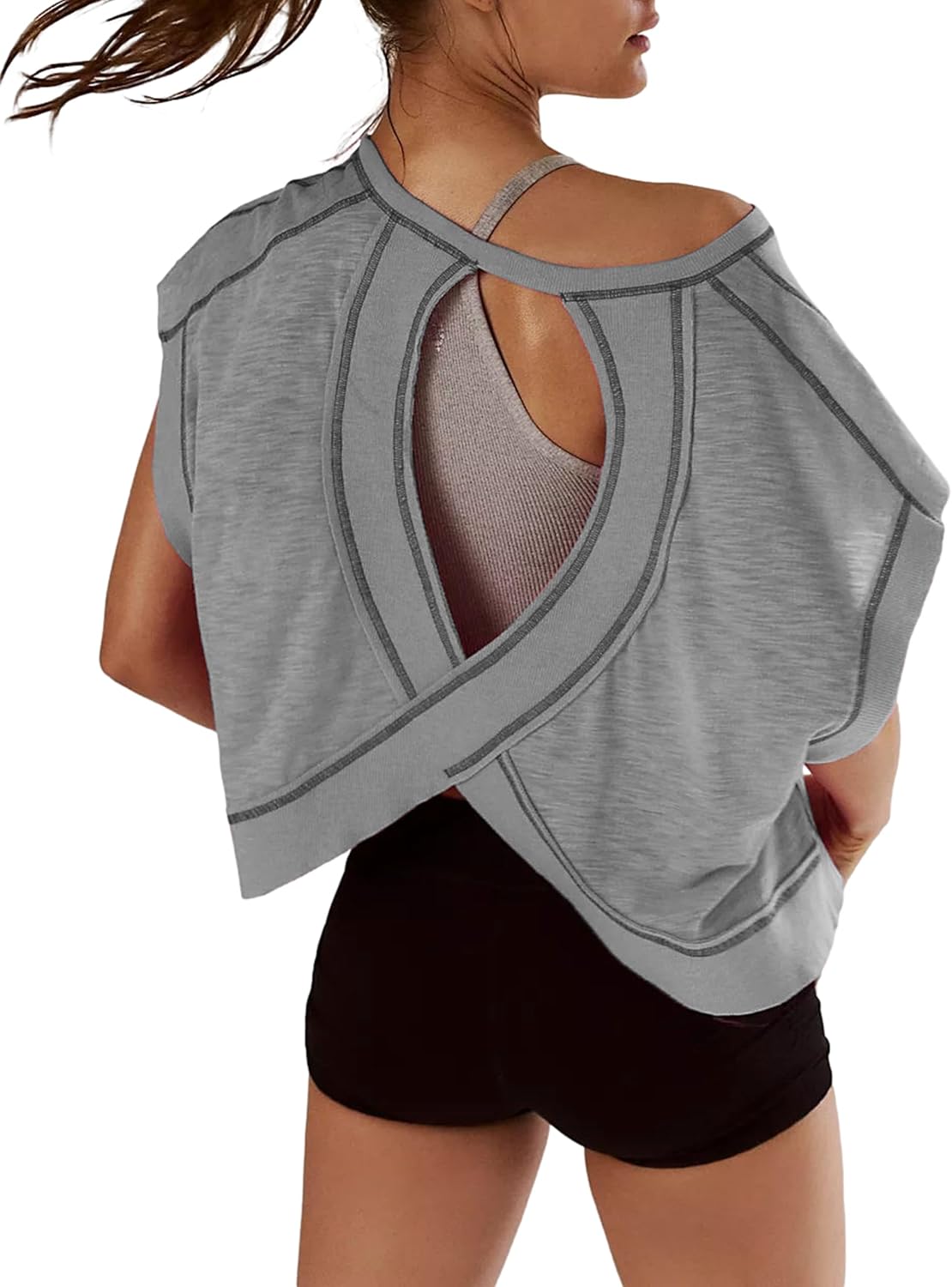 Kumufenc Women Short Sleeve Workout Shirts Open Back Tops Casual Yoga Y2k Athletic Gym Slouchy Crop Running Tees