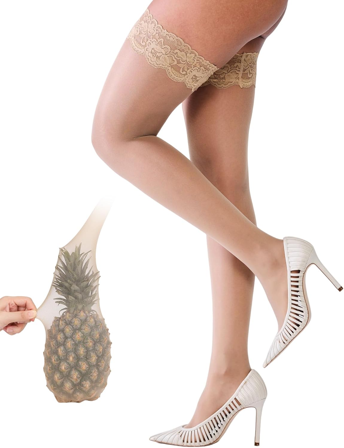 Popilush Thigh High Stockings Stay Up Silicone Lace Top Silk Sheer Pantyhose for Women