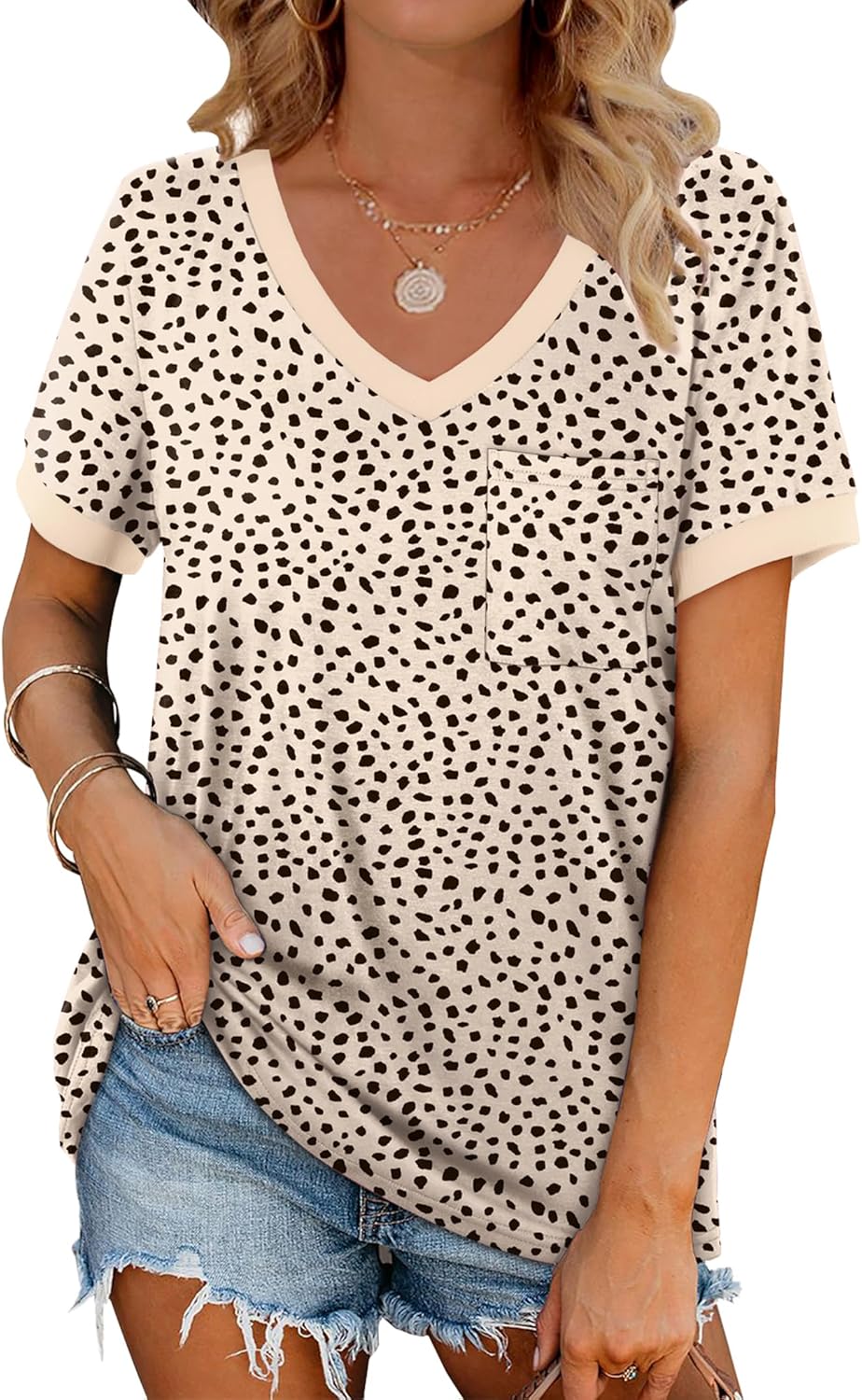 Geifa Womens T Shirts Short Sleeve V Neck Loose Casual Summer Tops with Pocket