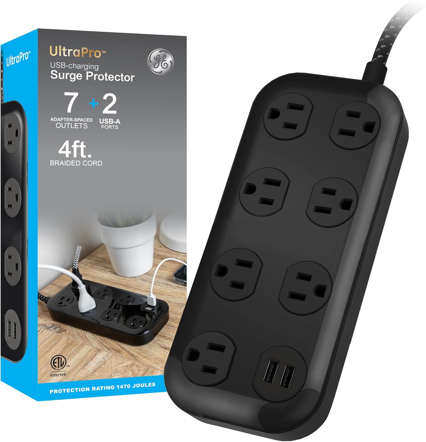 GE 7-Outlet Surge Protector Power Strip with USB, 2 USB-A, 4 Ft Braided Cord, Multi Plug Outlet Extender, Flat Plug, Charg...