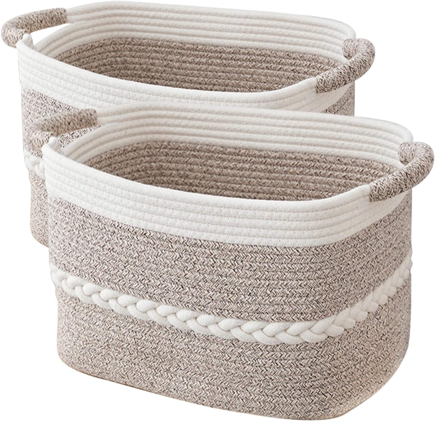 Cotton Rope Storage Basket, Rectangle Woven Baskets with Handles for Shelves, Home Organizer Storage Bins Cubes, Toy Laund...