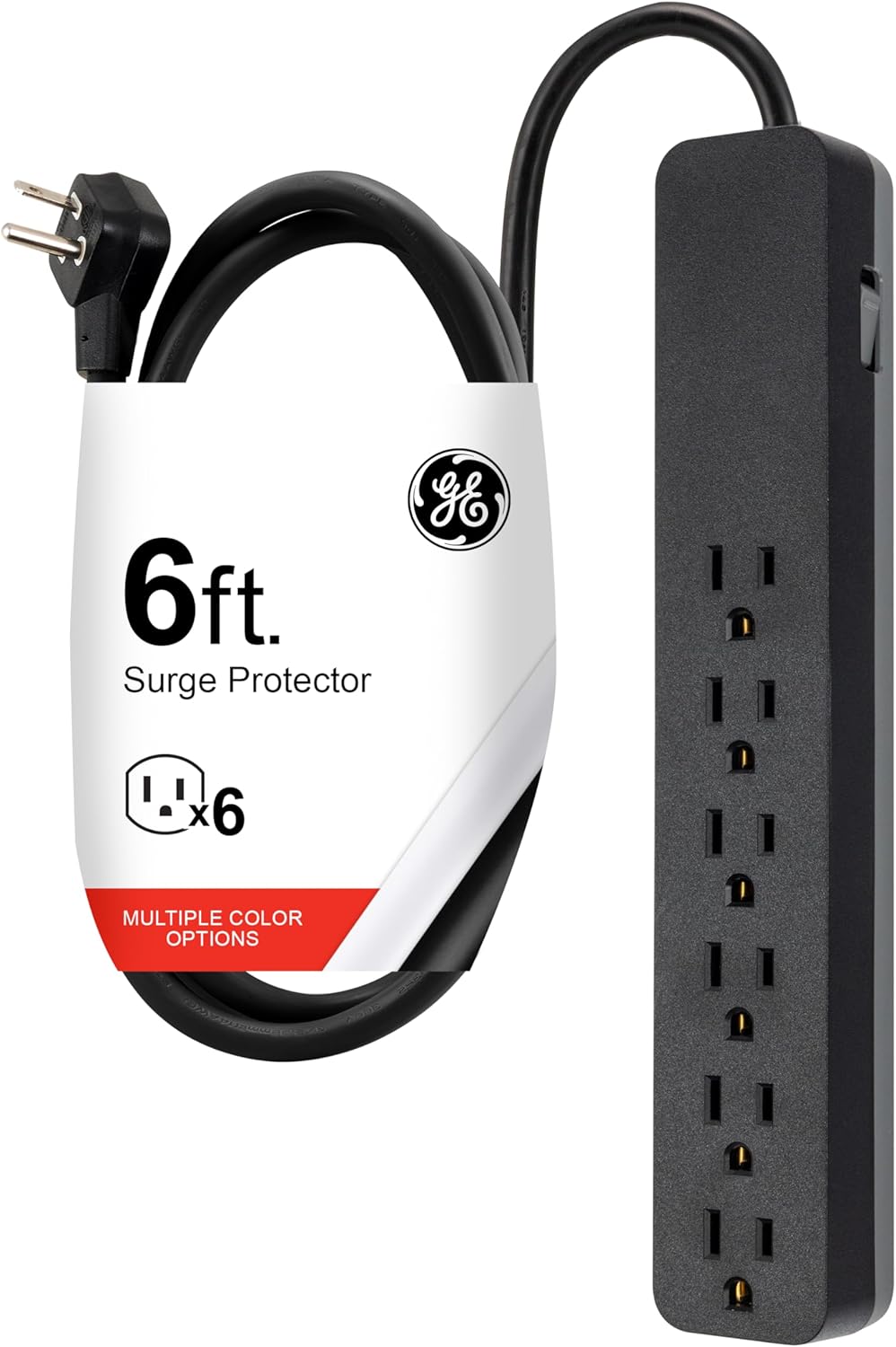 GE 6-Outlet Surge Protector, 6 Ft Extension Cord, 1080 Joules, Power Strip, Flat Plug, Integrated Circuit Breaker, Wall Mo...