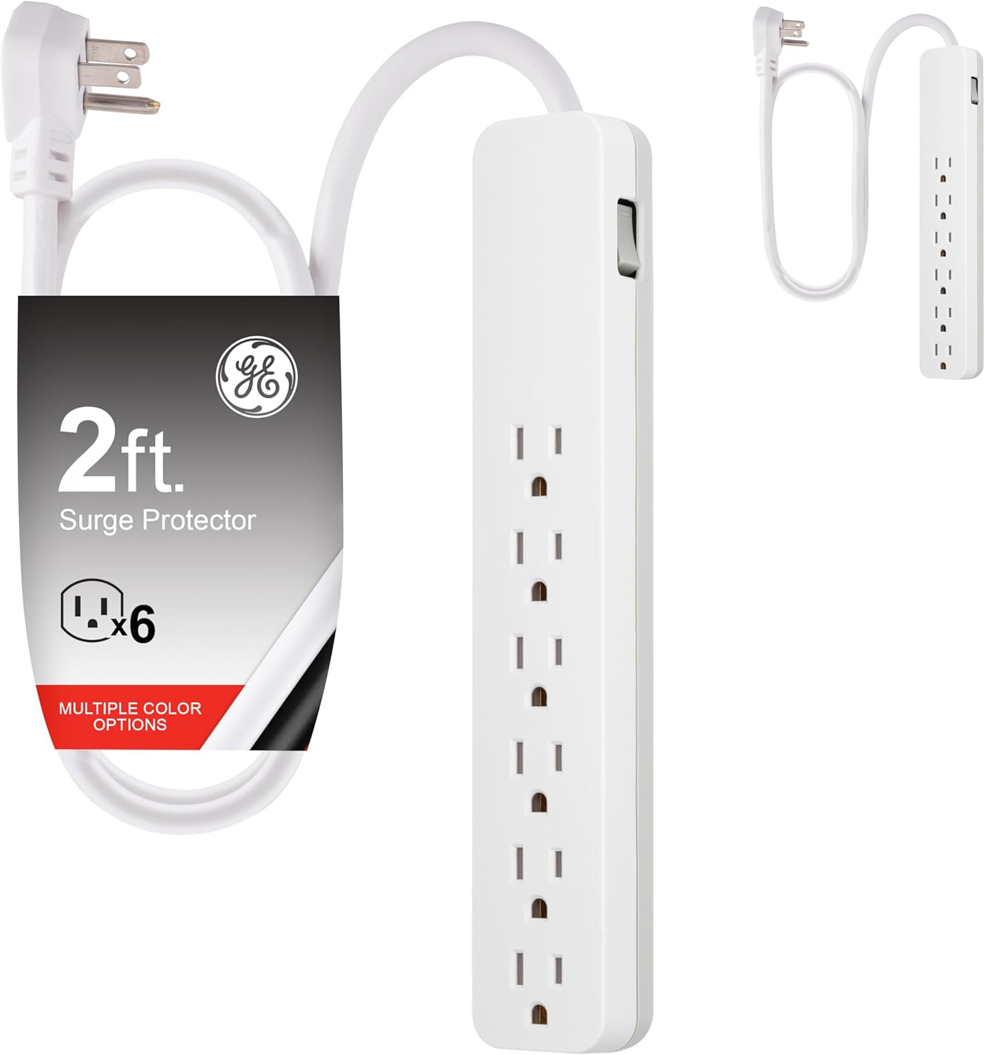 GE Pro 6-Outlet Surge Protector 2 Pack, 2 Ft Extension Cord, 620 Joules, Power Strip, Flat Plug, Integrated Circuit Breake...