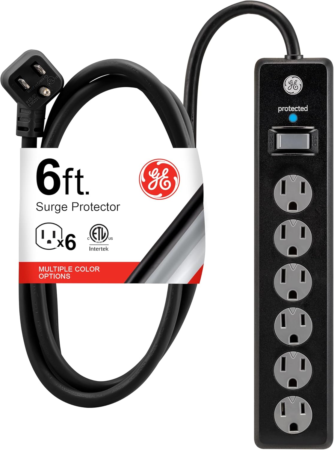 GE 6-Outlet Surge Protector, 10 Ft Extension Cord, Power Strip, 800 Joules, Flat Plug, Twist-to-Close Safety Covers, ETL L...
