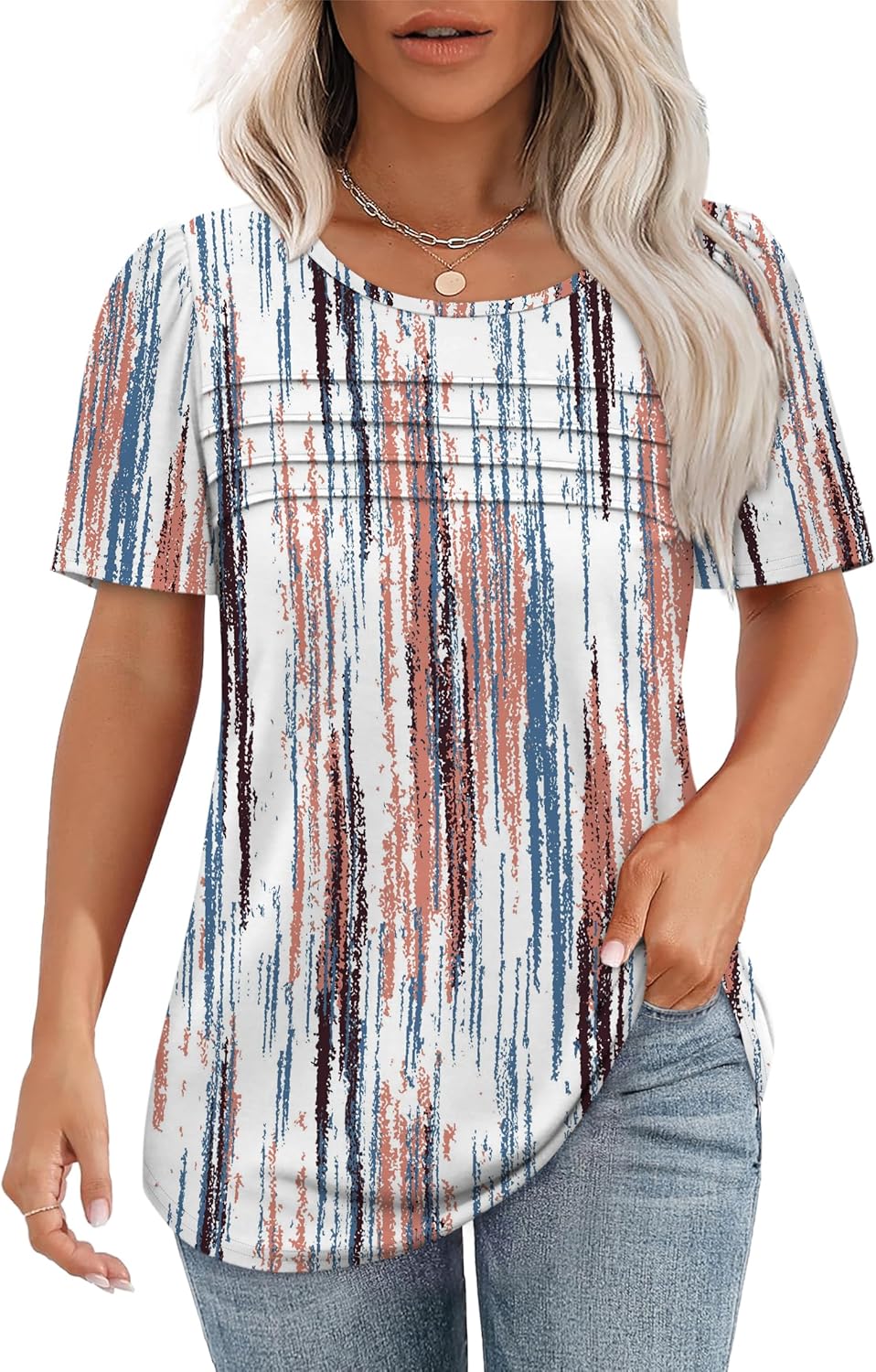 OFEEFAN Womens T Shirts Short Sleeve Tops Dressy Casual Blouses Spring Summer Outfits Flowy Pleated Front Scooped Neck