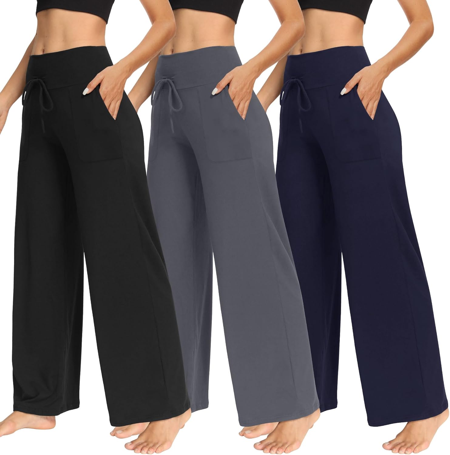 TNNZEET 3 Pack Women's Wide Leg Pants with Pockets - Casual Loose Yoga Trouser Pants Sweatpants Palazzo Lounge Pajama Pants