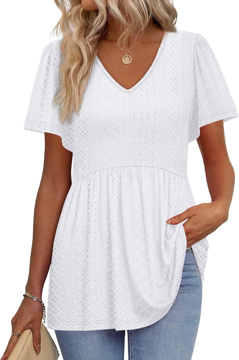 OFEEFAN Womens Summer Tops Babydoll Short Sleeve Shirts Puff Sleeve Peplum Tops V Neck T Shirts