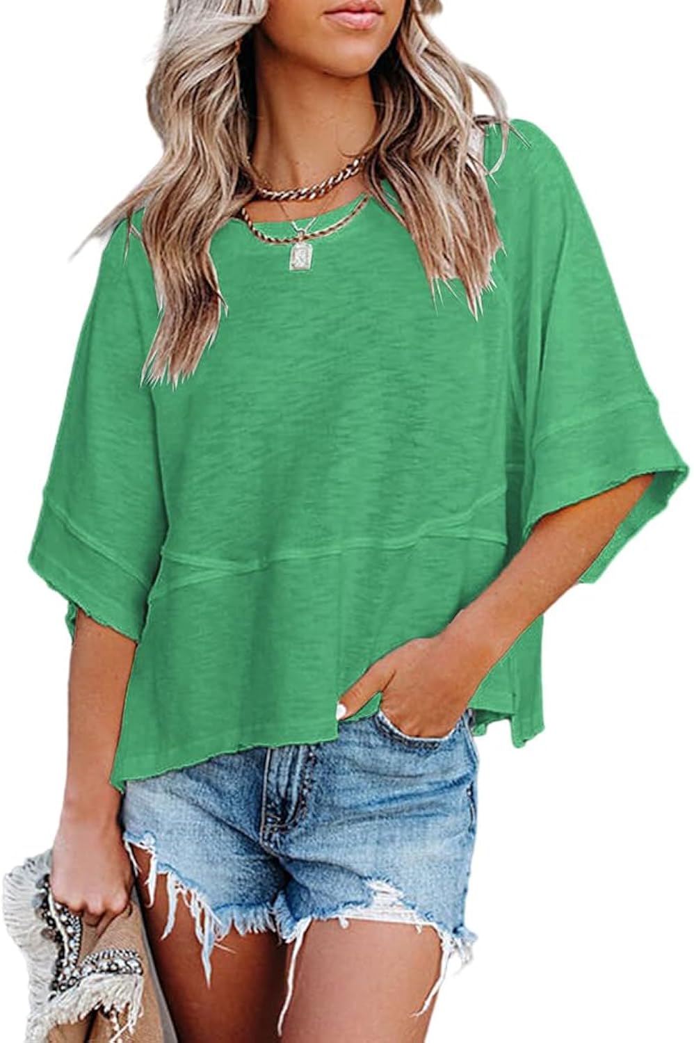 Sovelen Women's Summer Casual Crewneck Batwing Half Sleeve T-Shirts Solid Color Loose Fit Cute Basic Flowy Tops Tees Blouses
