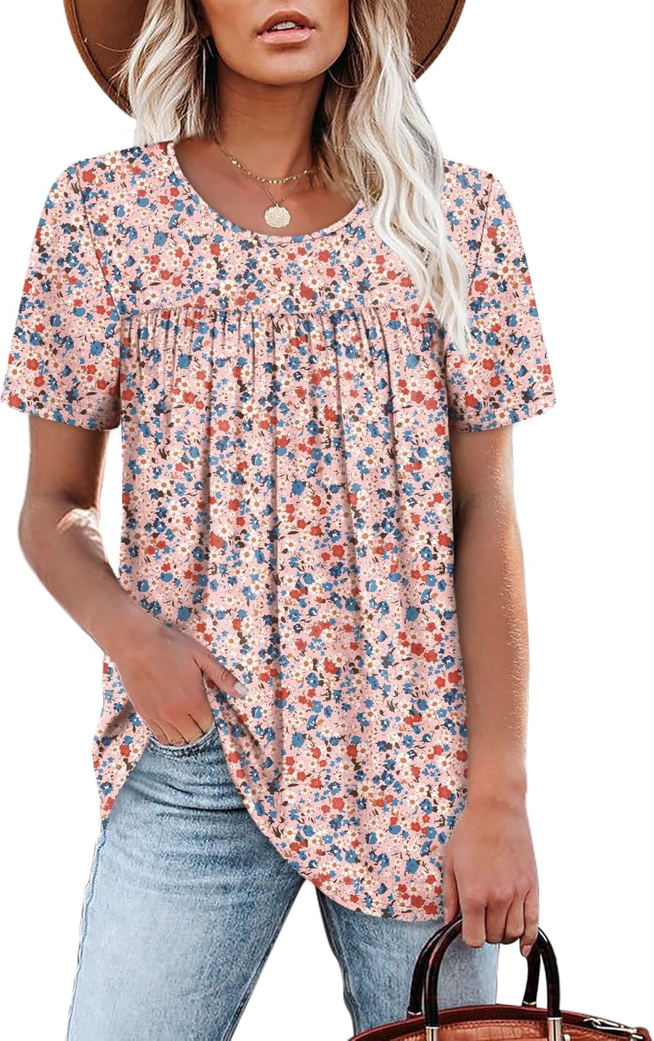 WIHOLL Womens Tops Short Sleeve T Shirts Pleated Dressy Casual Round Neck Summer Clothes Outfits Blouses Loose Fit