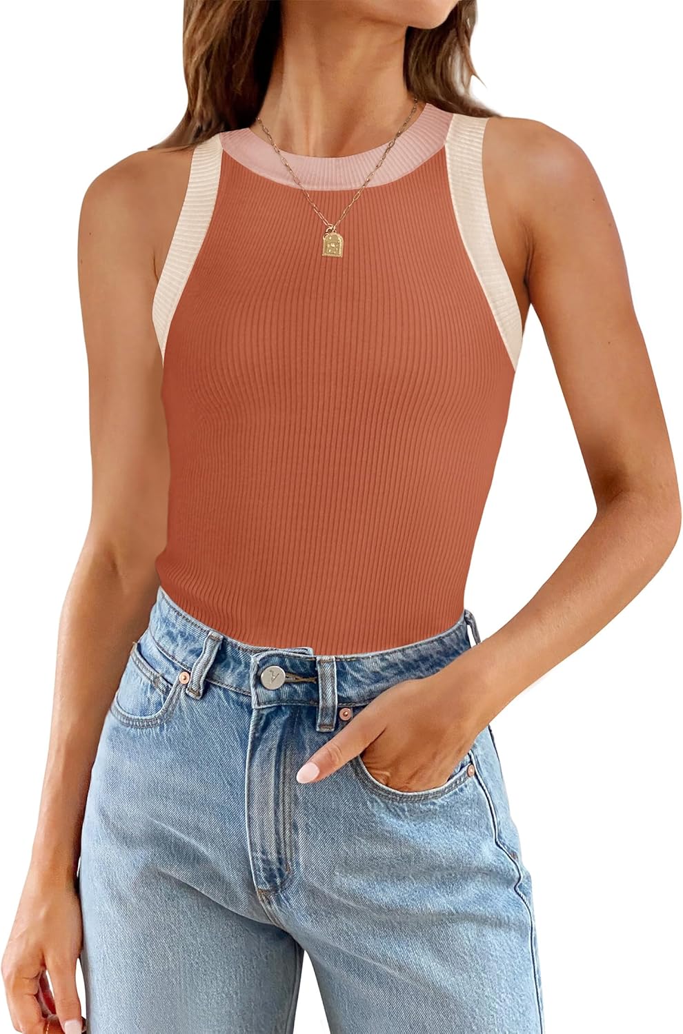 ZESICA Womens Summer Sleeveless Tank Tops Ribbed High Neck Racerback Slim Fitted Color Block Casual Shirts