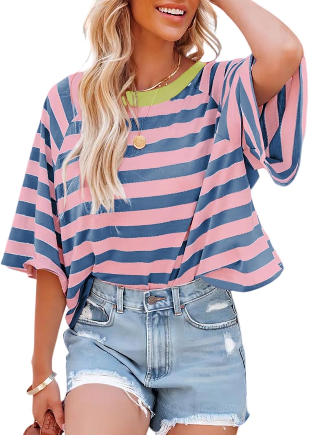 Dokotoo Tops for Women Striped 2025 Fashion T Shirts for Women Color Block Crewneck Design Loose Basic Tee