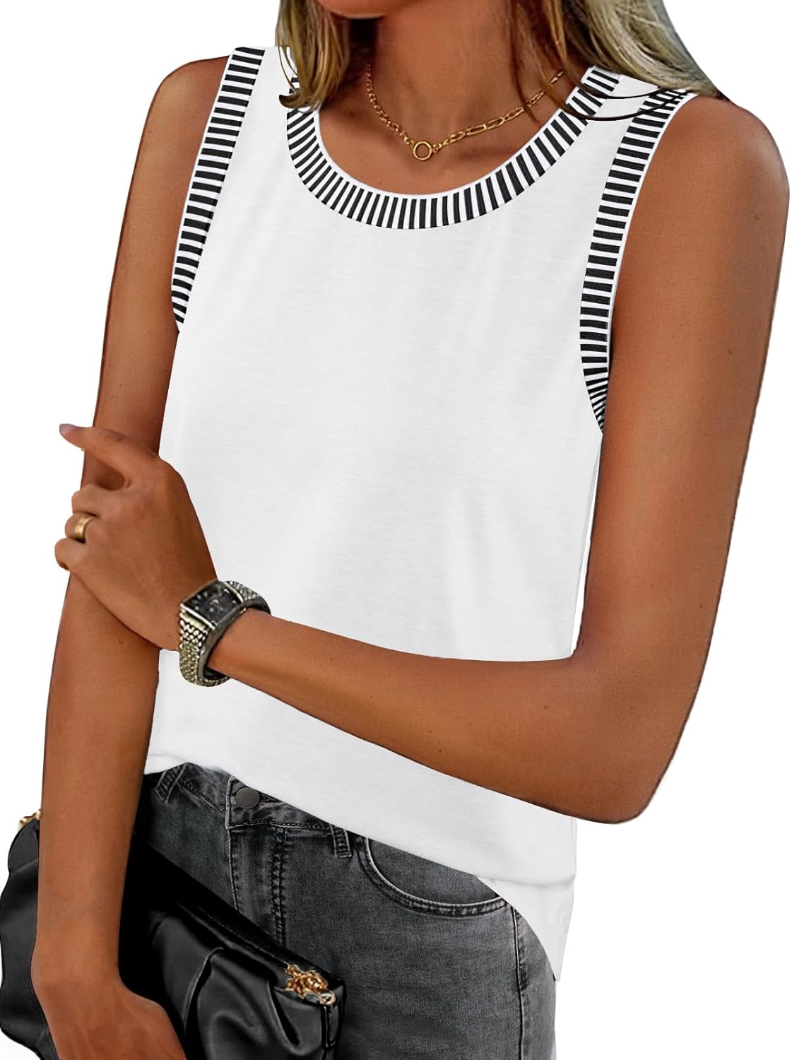 MEROKEETY Women's 2025 Summer Casual Sleeveless Tank Top Crew Neck Striped Color Block T Shirts