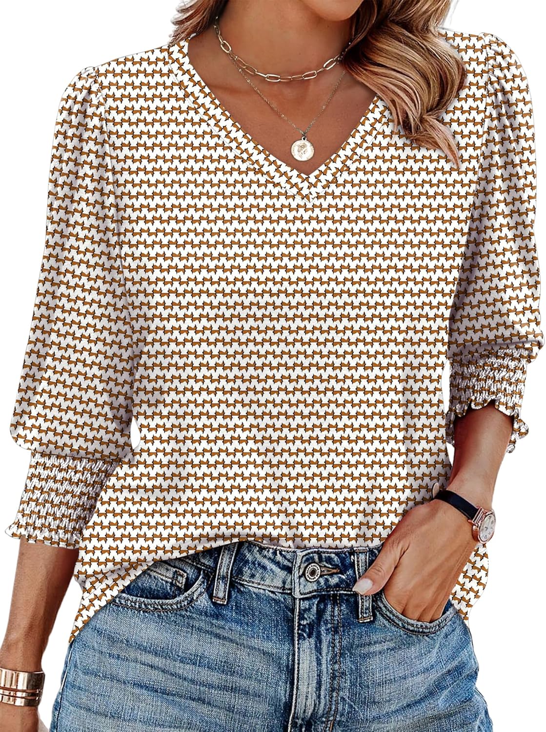 SAMPEEL 3/4 Length Sleeve Womens Tops Dressy Casual Blouses V Neck T Shirts with Smocked Cuffs
