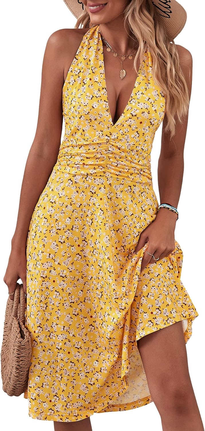 HUHOT Women's Summer Sundress Sleeveless Halter Neck Spring 2025 Floral with Pocket Elastic Waist Ruffle Mini Dresses