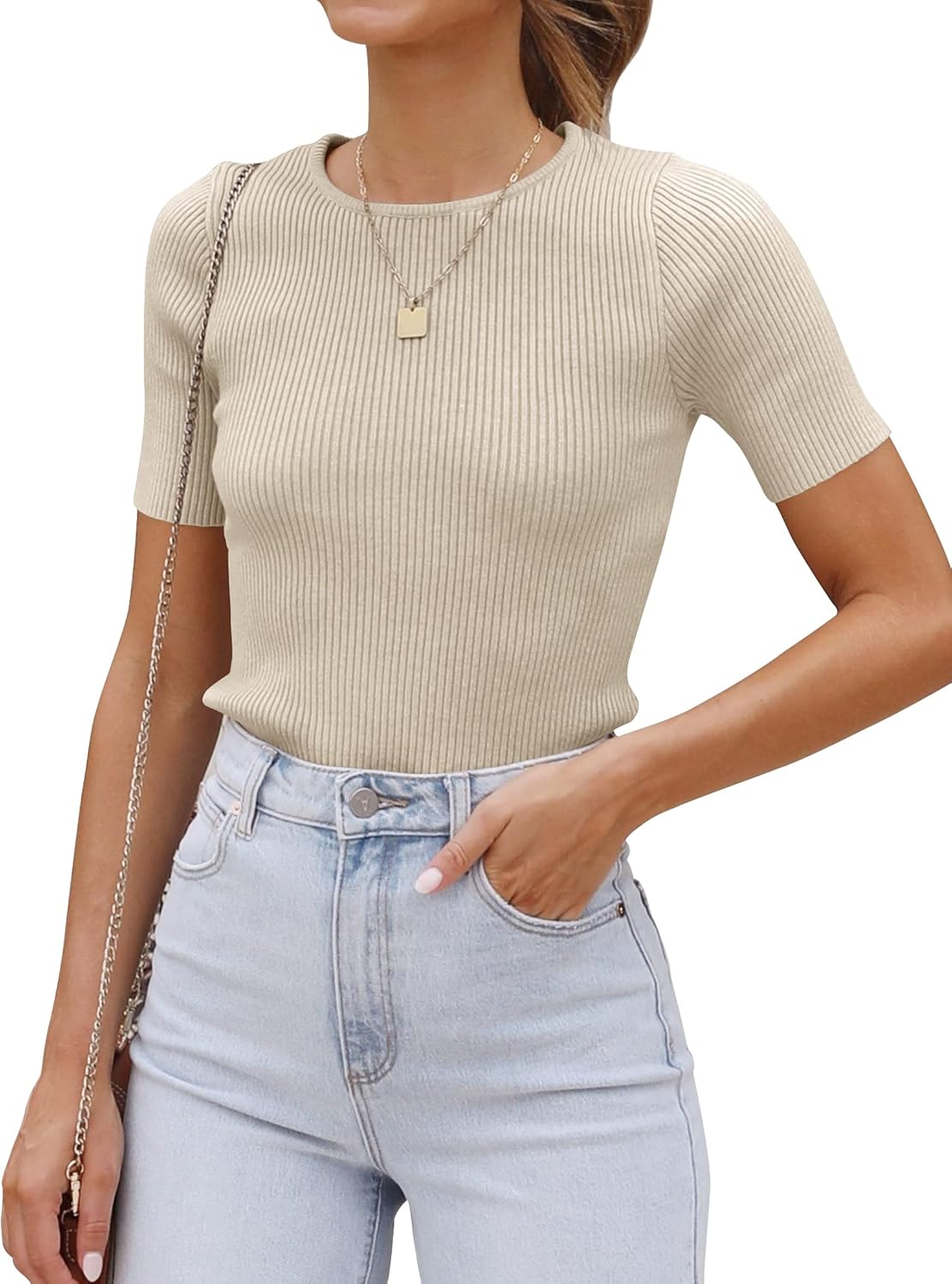 ZESICA Women's Short Sleeve Sweater Tops 2025 Summer Crewneck T Shirt Ribbed Knit Slim Fit Basic Solid Color Tee