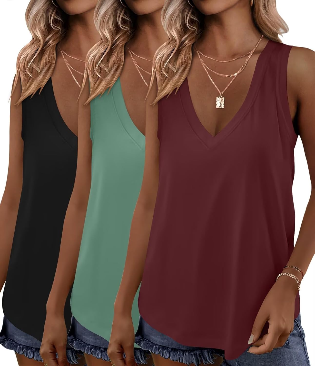 KKJ 3 Pack Womens Tank Tops Summer Beach Vacation Outfits V Neck Loose Sleeveless Blouses Casual Shirt Spring Fashion Clothes