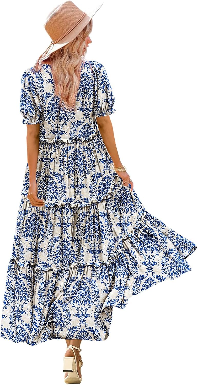 YESNO Summer Casual Bohemian Floral Dresses for Women Puff Short Sleeve Long Maxi Dress with Pockets ETX