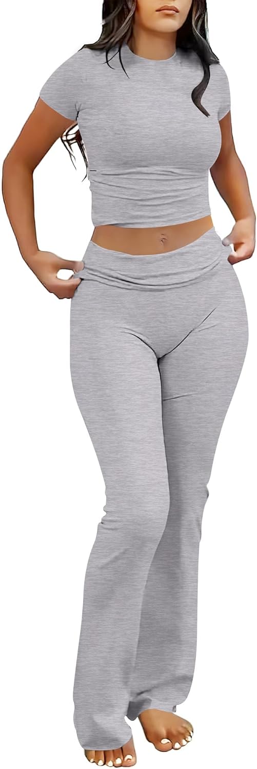 ANRABESS Lounge Sets for Women 2 Piece Foldover Yoga Flare Leggings Pants Crop Tops Casual Y2K Outfits Matching Tracksuit Set