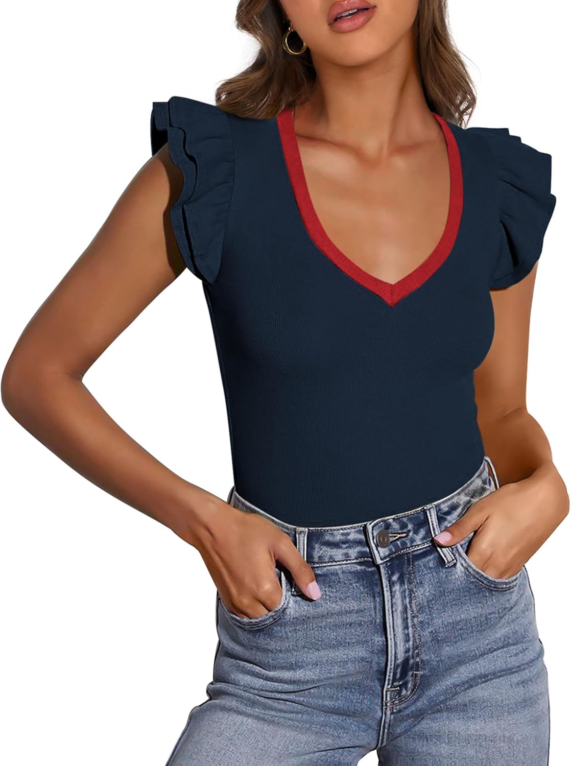 PRETTYGARDEN Womens V Neck Summer Tops Ruffle Sleeveless Slim Fit T Shirts Going Out Casual Blouses 2025