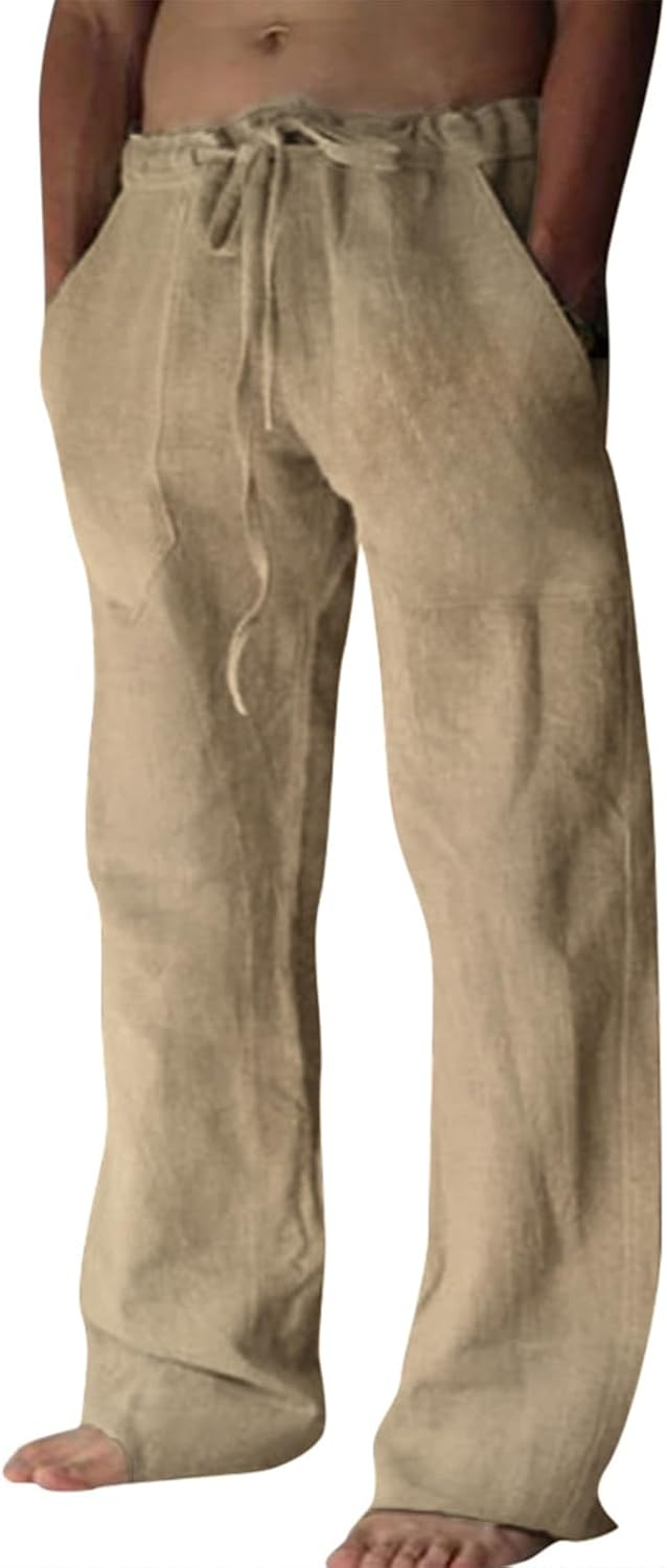 Puimentiua Cotton Linen Pants Men Casual Loose Fit Elastic Drawstring Waist Summer Beach Pants