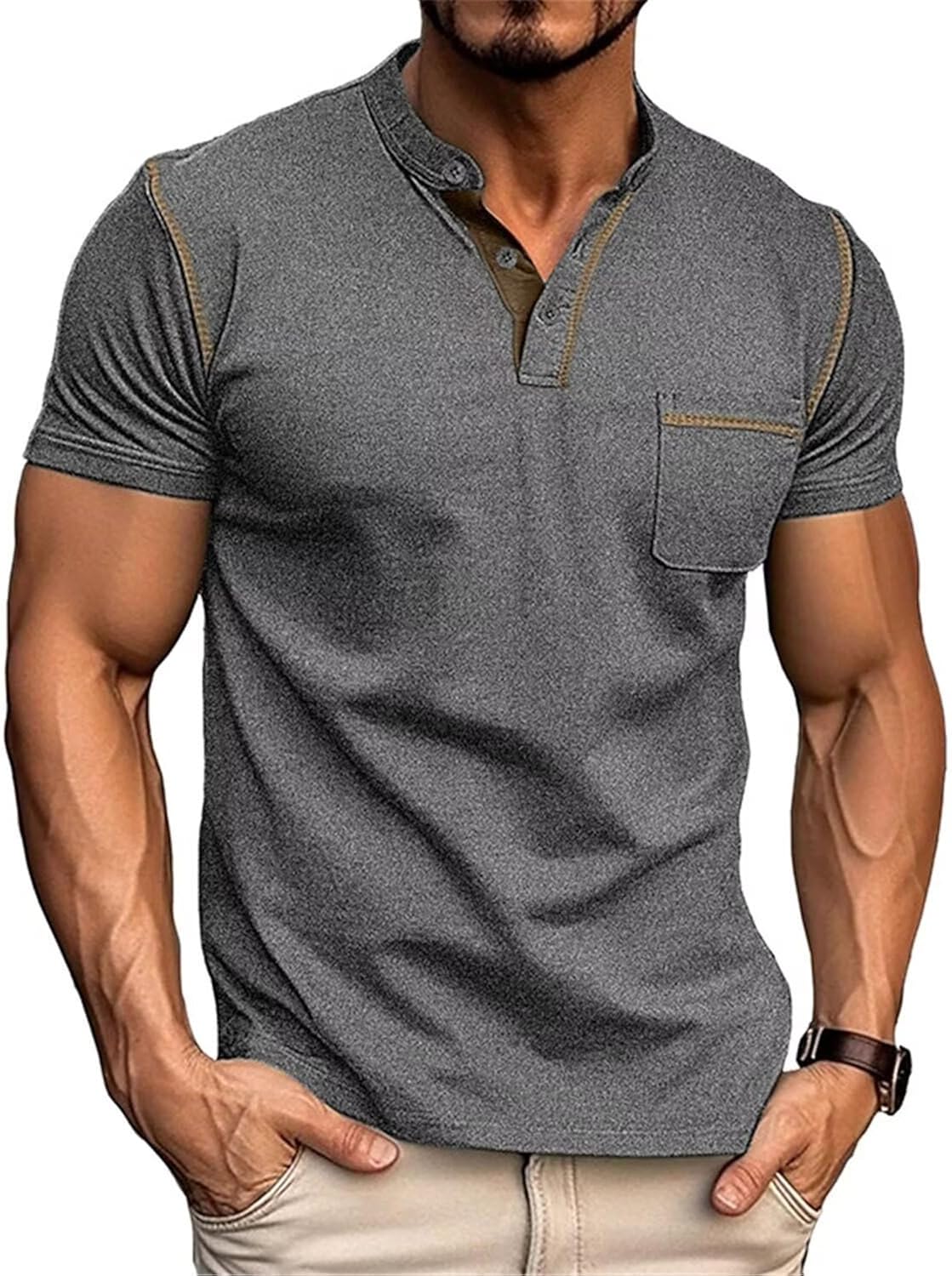 Men's Henley Shirt Lightweight Short Sleeve T-Shirt Casual Stylish Button Cotton Shirt