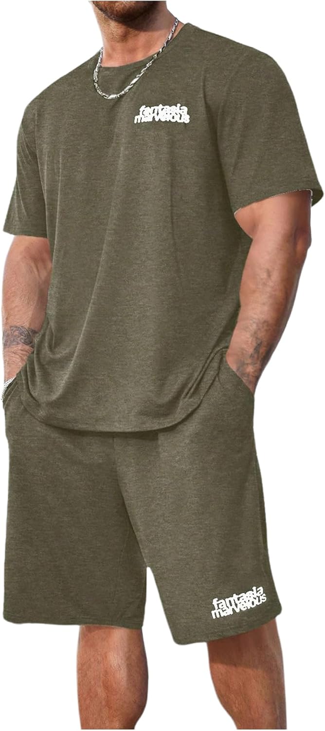 BEAUDRM Men's Big and Tall Two Piece Tracksuit Letter Print Short Sleeve T Shirt Track Shorts Set