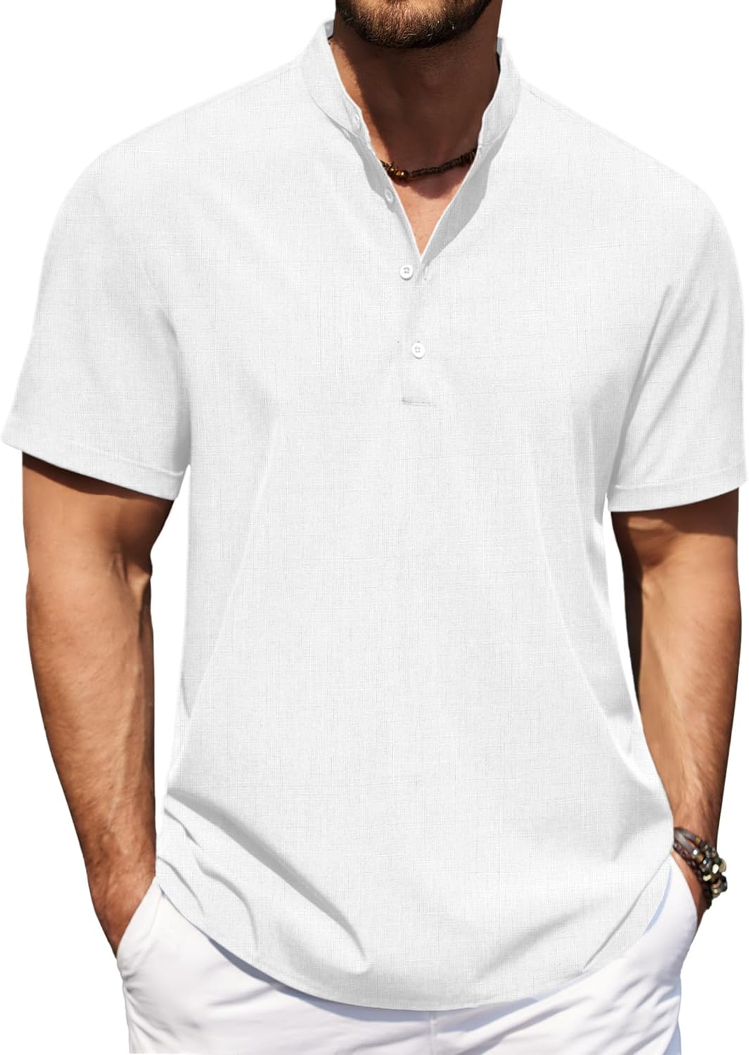 COOFANDY Men's Casual Henley Shirt Short Sleeve Band Collar Shirt Summer Beach Hippie Vacation T Shirt with Button