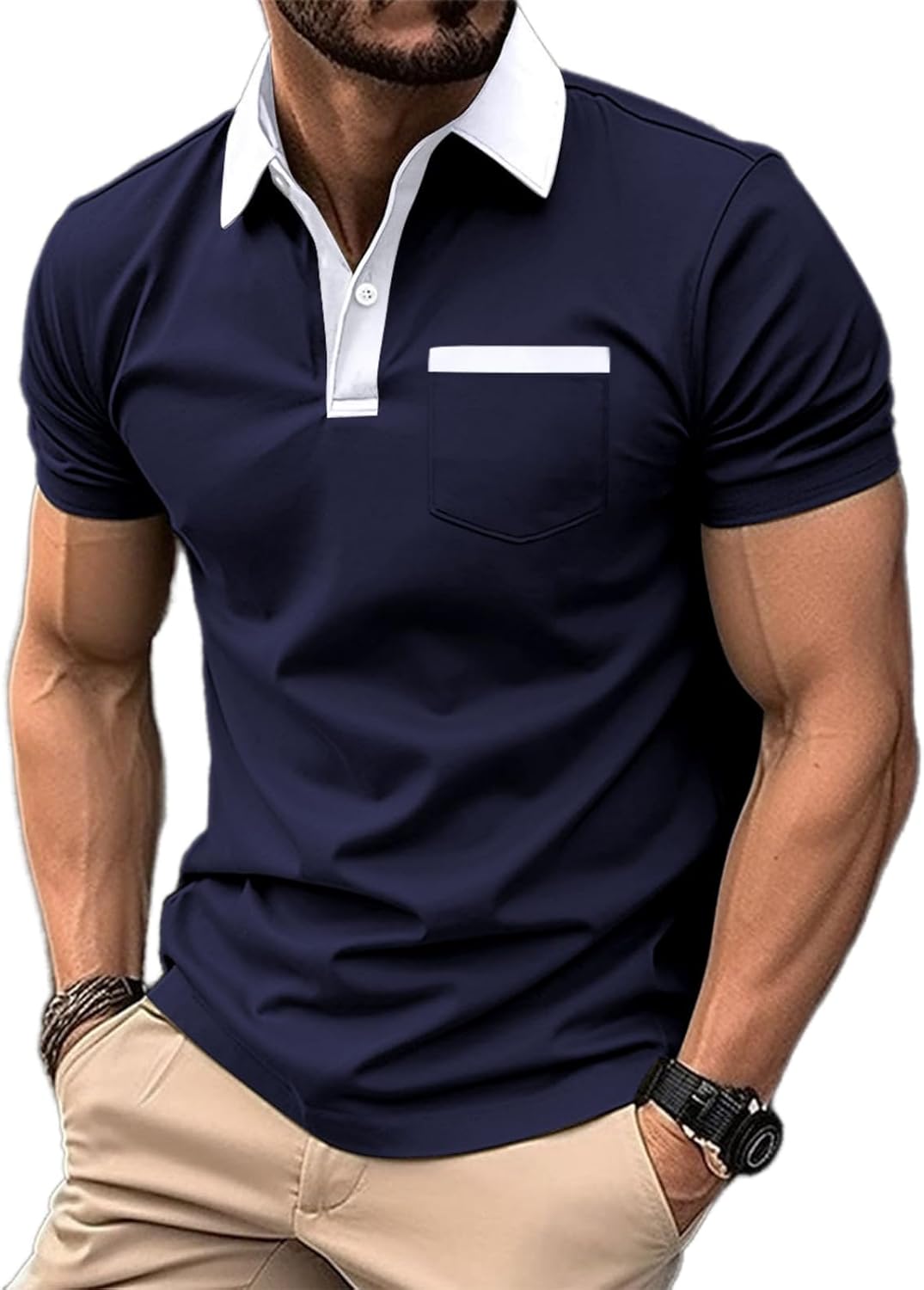 Mens Casual Polo Shirts Classic Short Sleeve Golf Shirt Fashion Button Cotton Top with Pocket