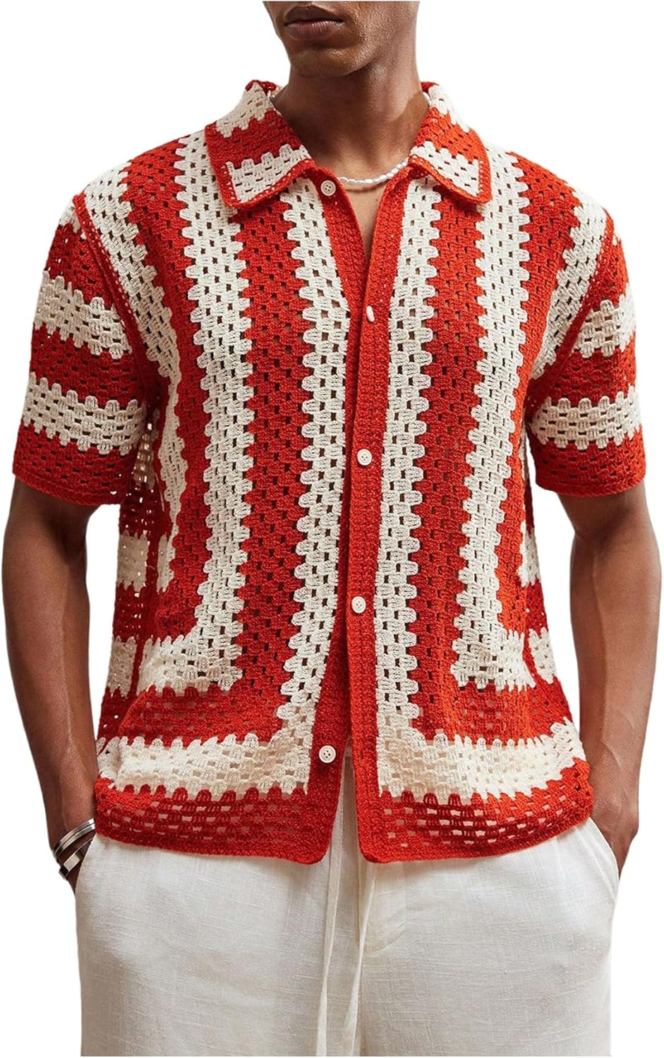 BEAUDRM Men's Striped Knit Shirts Short Sleeve Button Down Shirt Crochet Hollow Out Summer Beach Top Vintage Vacation Wear