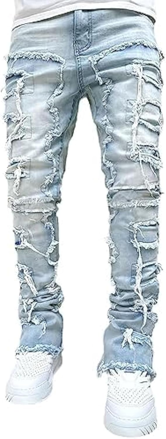 Stacked Jeans Men Skinny Ripped Jeans Slim Fit Patchwork Denim Pants Y2K Goth Harajuku Emo Hip Hop Jeans Trouser