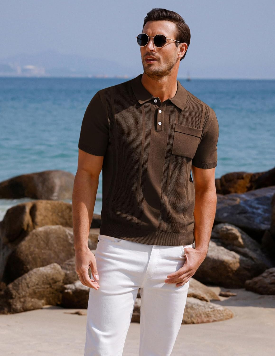 GRACE KARIN Men's Knit Polo Shirts Short Sleeve Texture Lightweight Golf Shirts Sweater