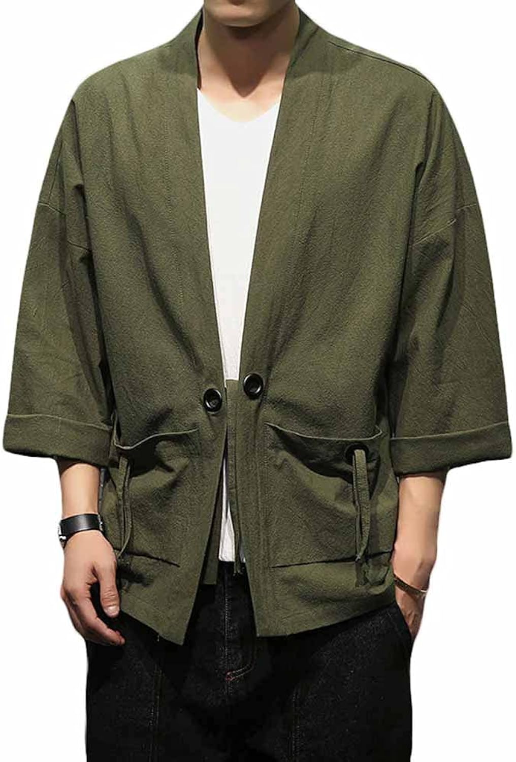 PRIJOUHE Men's Kimono Jackets Cardigan Casual Cotton Blends Linen Seven Sleeve Open Front Embroidery Coat