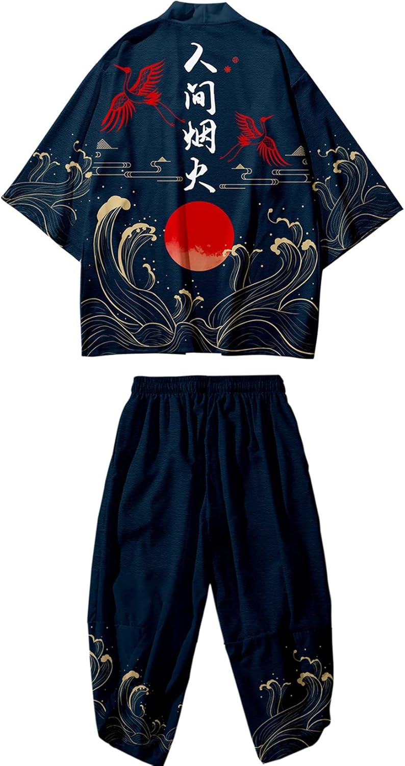 DOSLAVIDA Men's Japanese Kimono Jacket Set Stylish Open Front Coat With Shorts Chinese Style Printed Cardigan Suits