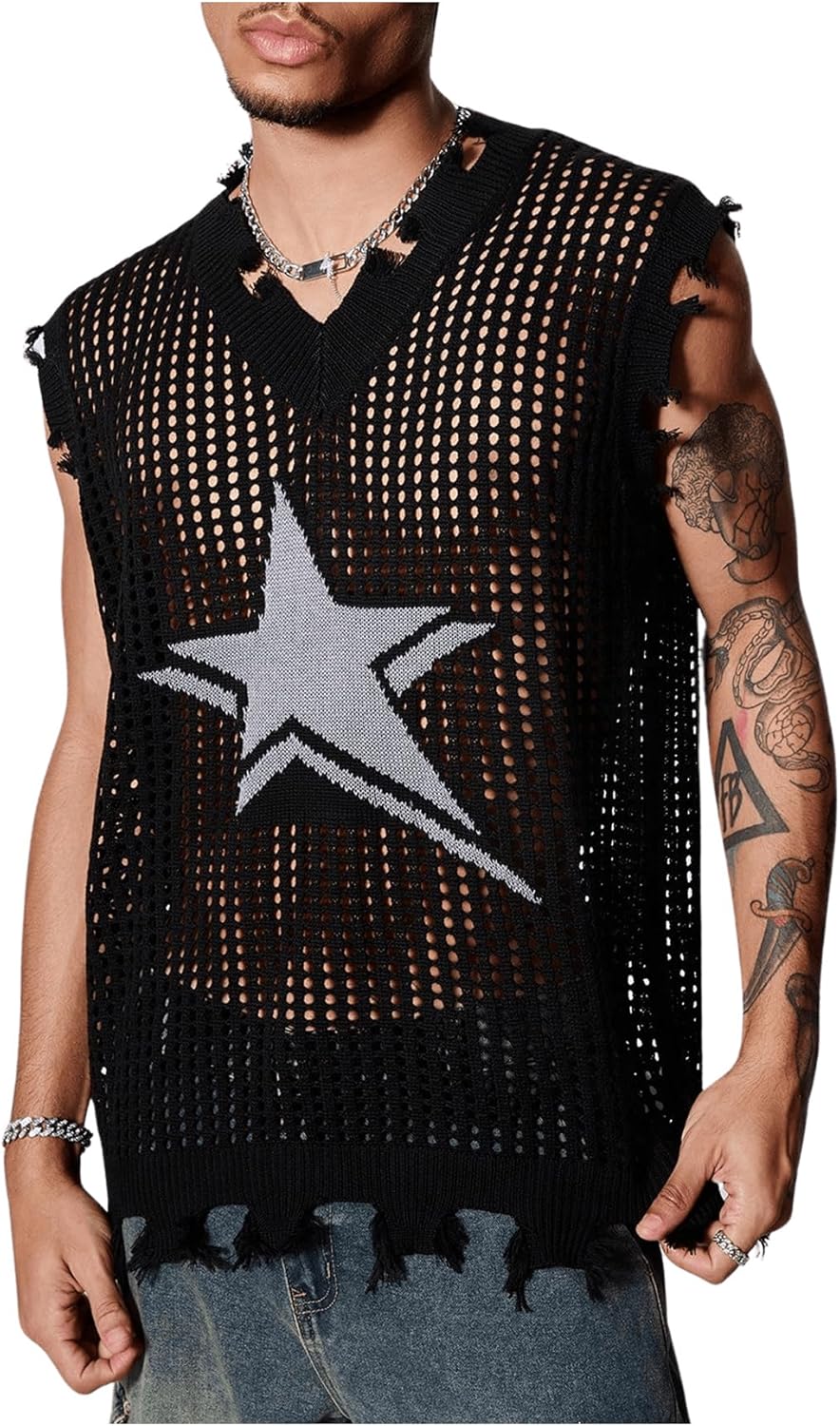 Verdusa Men's Sweater Vest Y2k Goth Tops Sleeveless Shirts Raw Trim Knitted Sheer Crochet Pullover Top