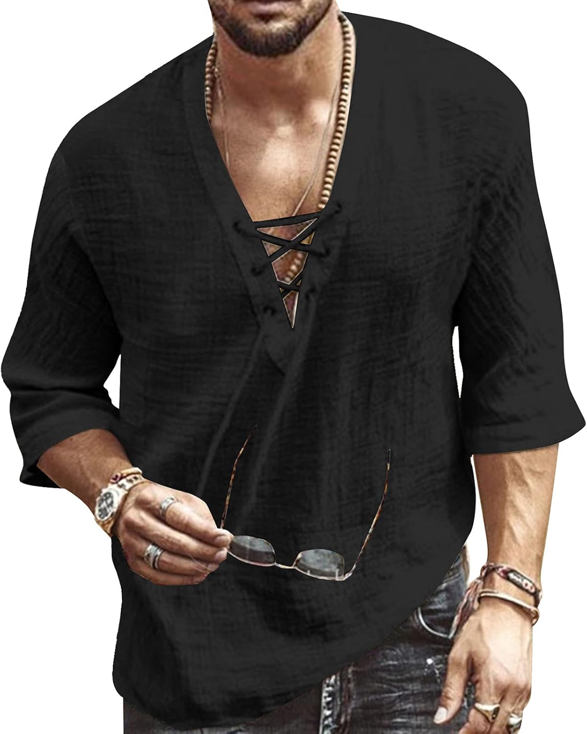 Men's Fashion Shirt Short Sleeve Beach V-Neck Drawstring Printing Yoga African Summer Top