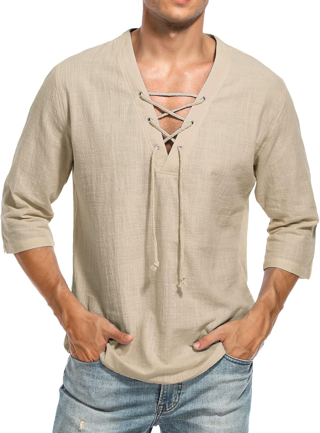 LecGee Men's Casual Cotton Linen Shirt Short Sleeve V Neck Lace Up Hippie Beach Tee Shirts Yoga Summer Top