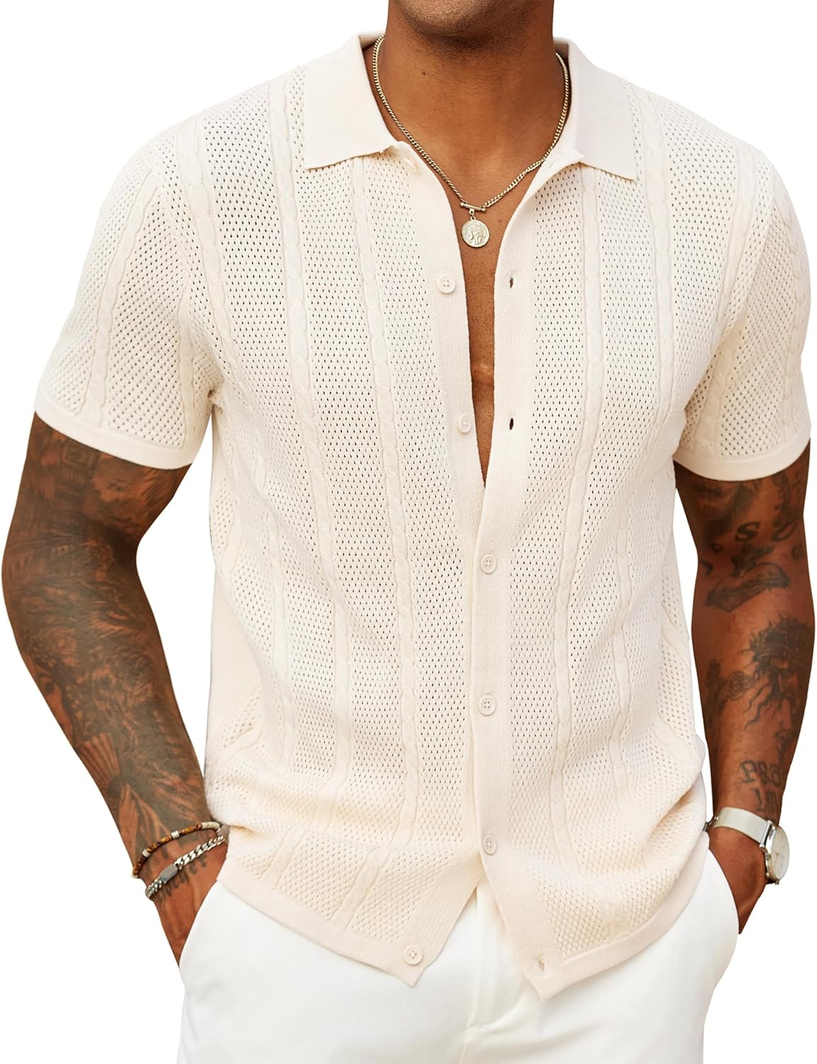 COOFANDY Mens Knit Button Down Shirts Casual Textured Polo Shirt Short Sleeve Vintage Summer Beach Tops