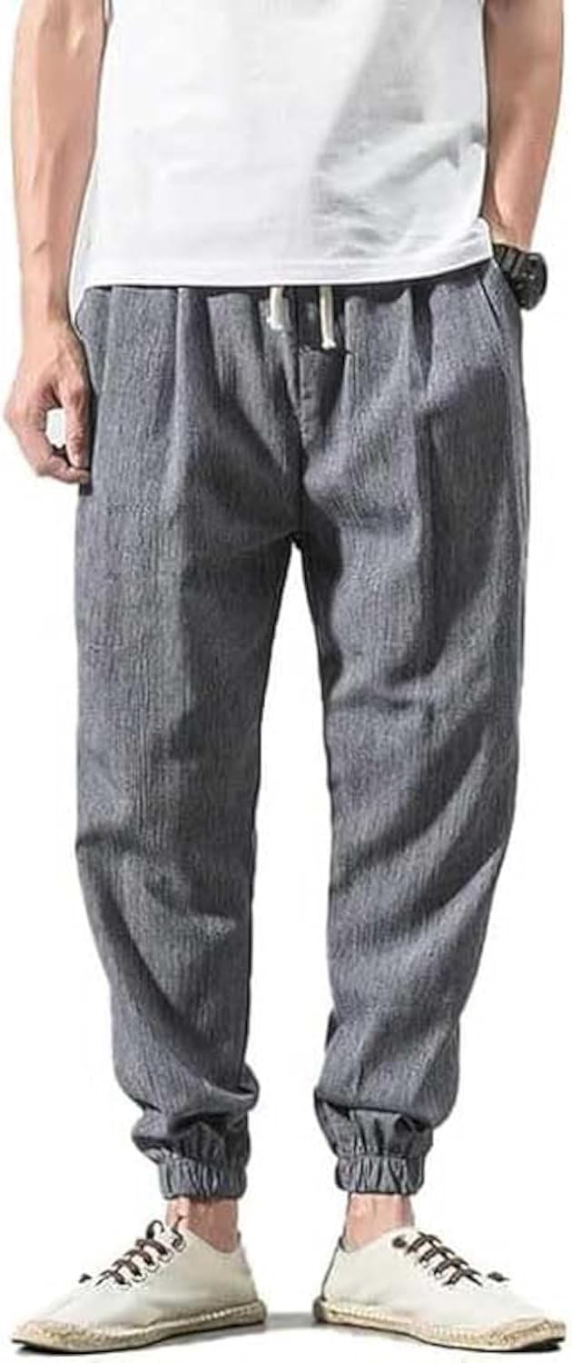 TOQVTOO Casual Pants for Men Linen Japanese Pants Cotton Elastic Waist Comfy Beach