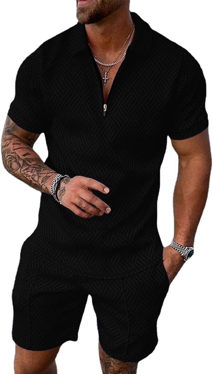 Aulemen Mens 2 Piece Zip Tracksuit Short Sleeve Print Polo Shirt and Shorts Sets Summer Outfits for Men
