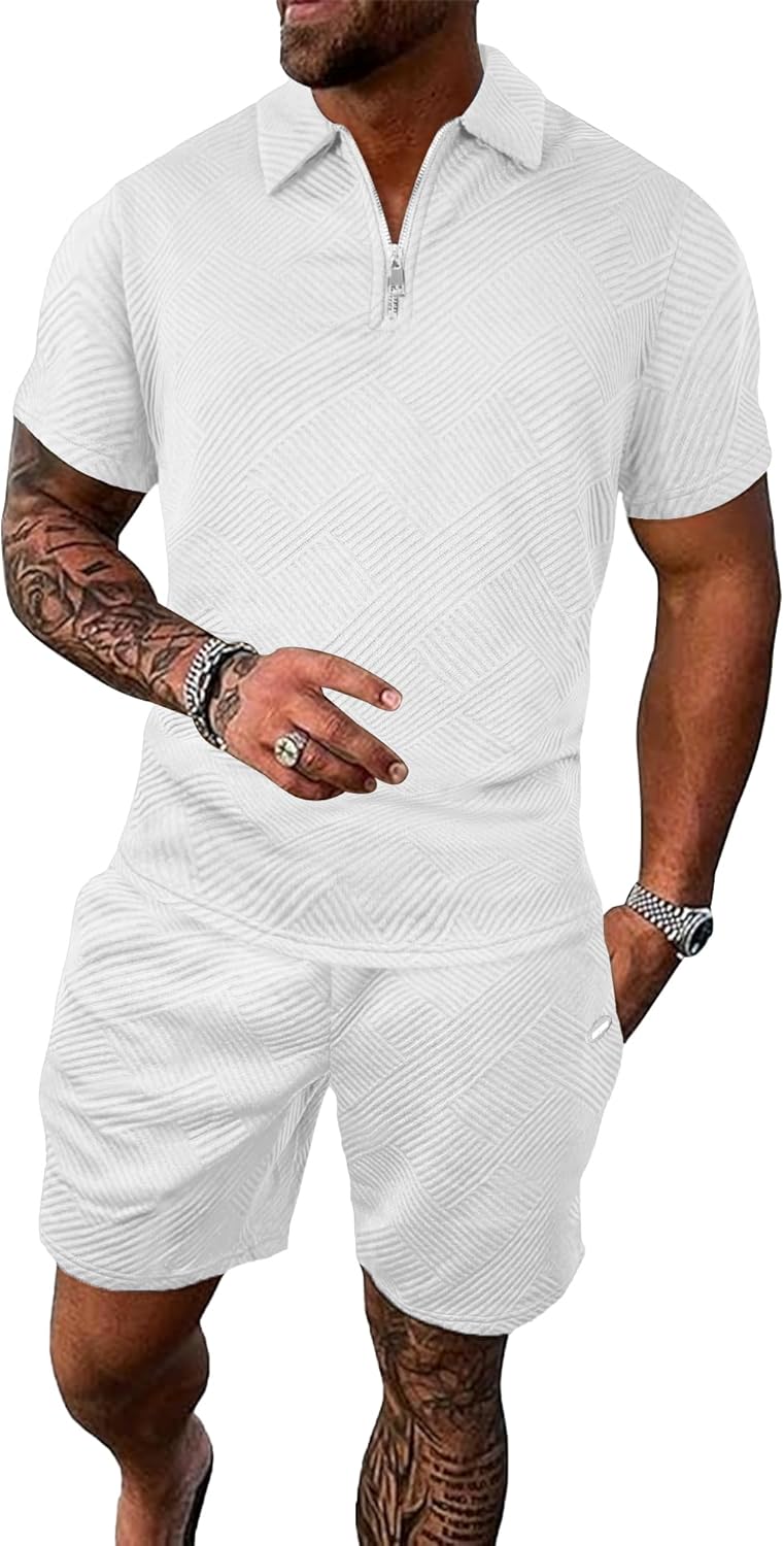 PLEPAN Mens Polo Shirt and Shorts Set Fashion Casual Track Suits 2 Piece Sets Short Sleeve Sweatsuit Outfits Golf Polo Shirts