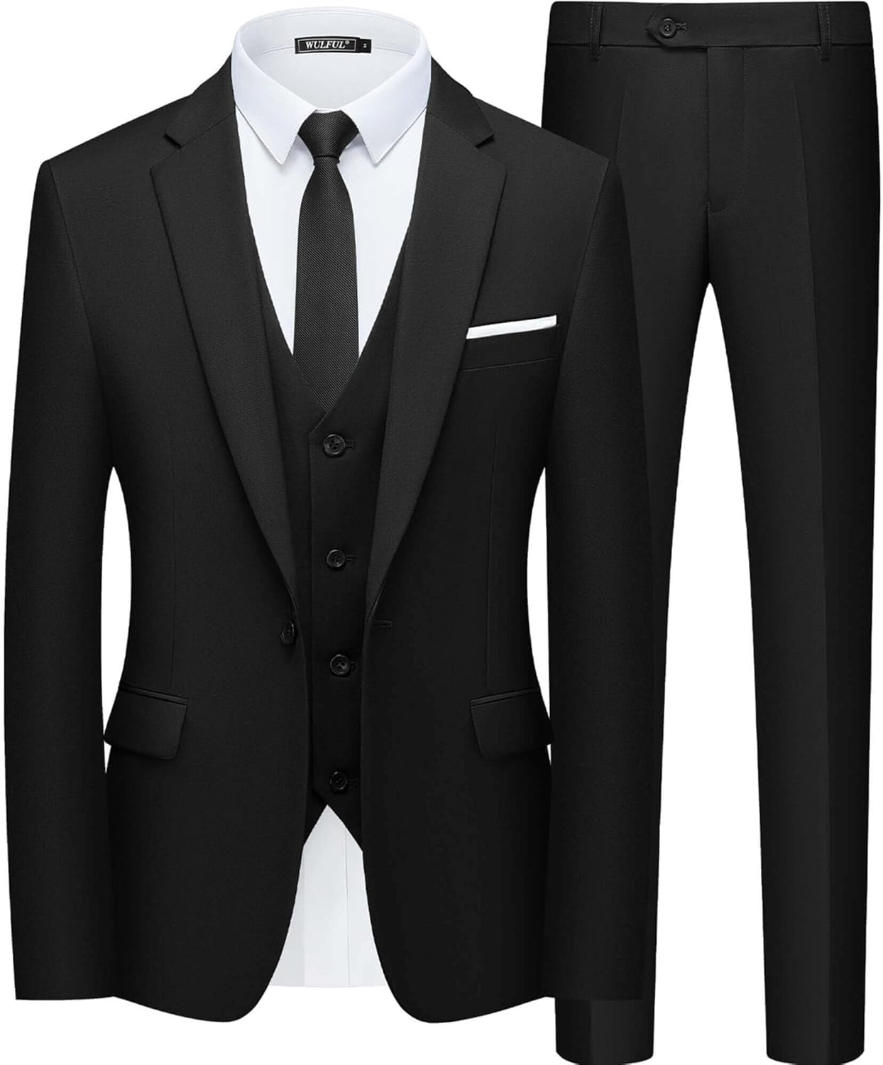 WULFUL Men’s Slim Fit Suit One Button 3-Piece Blazer Dress Business Wedding Party Jacket Vest & Pant