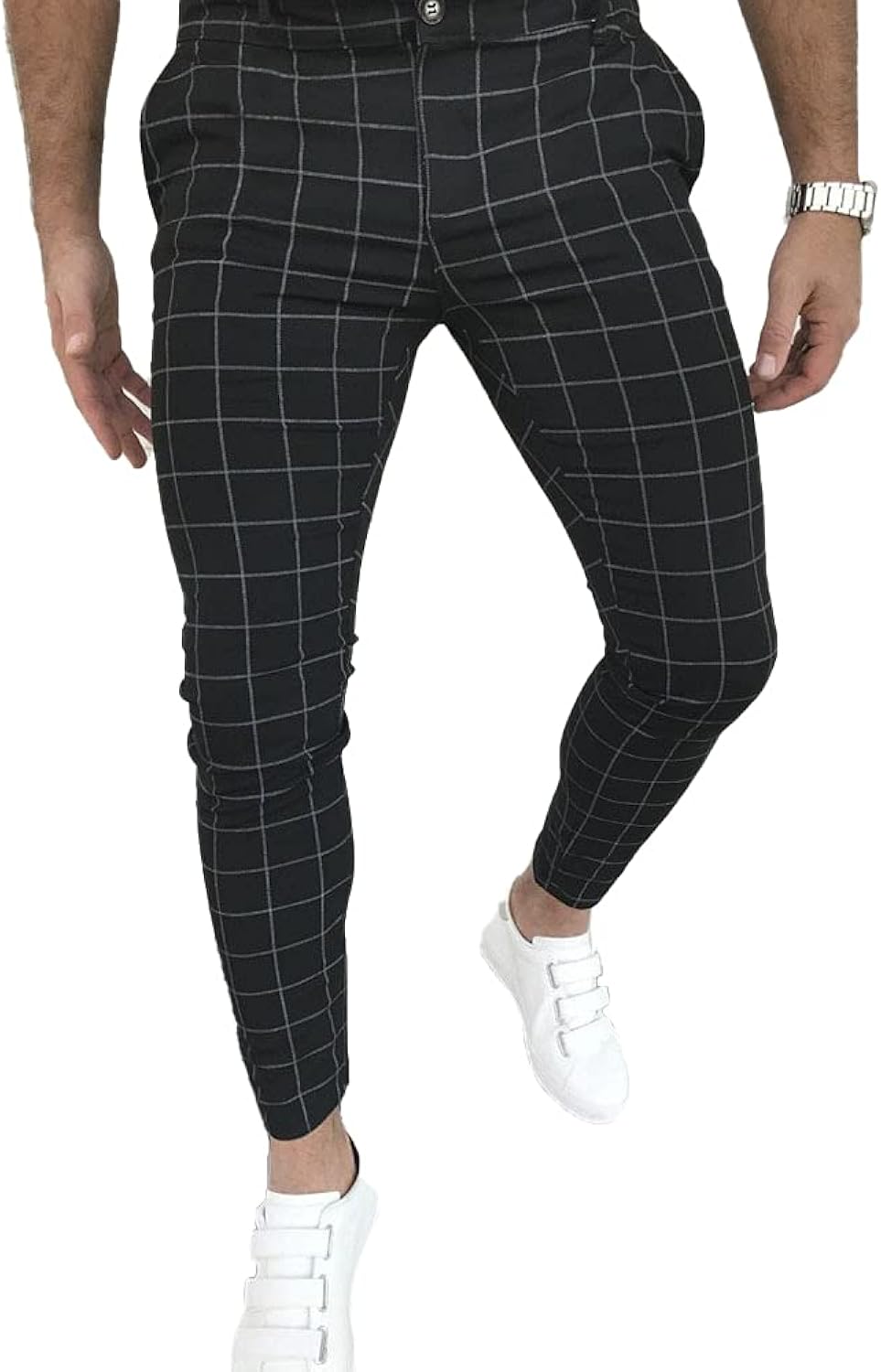 Men's Fashion Stretch Dress Pants Slim Fit Plaid Skinny Long Pants Casual Business Golf Dress Pants