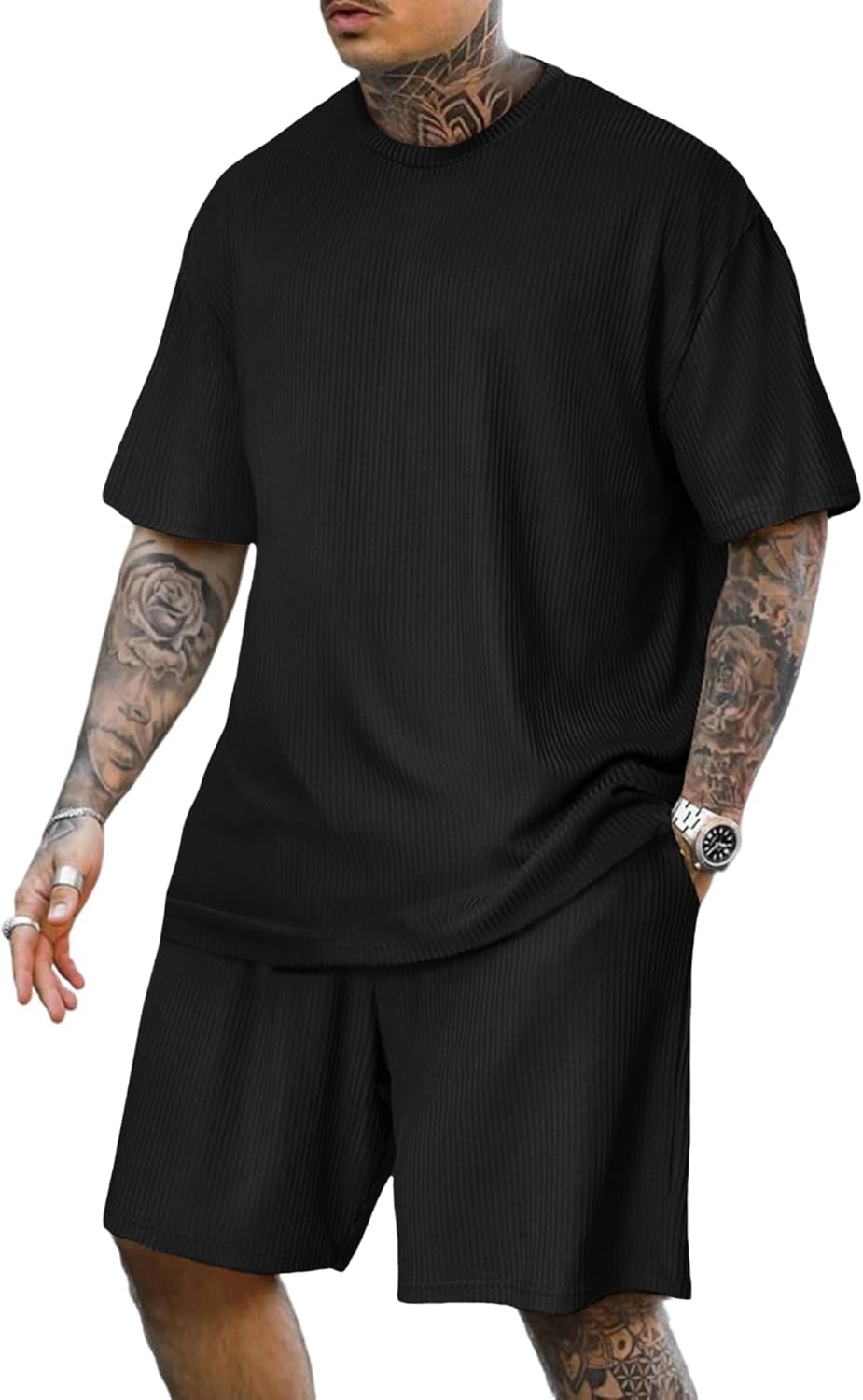 Lexiart Mens Casual 2 Piece Outfits-Short Sleeve Athletic Set Oversize T-Shirts Drawstring Tracksuit Set