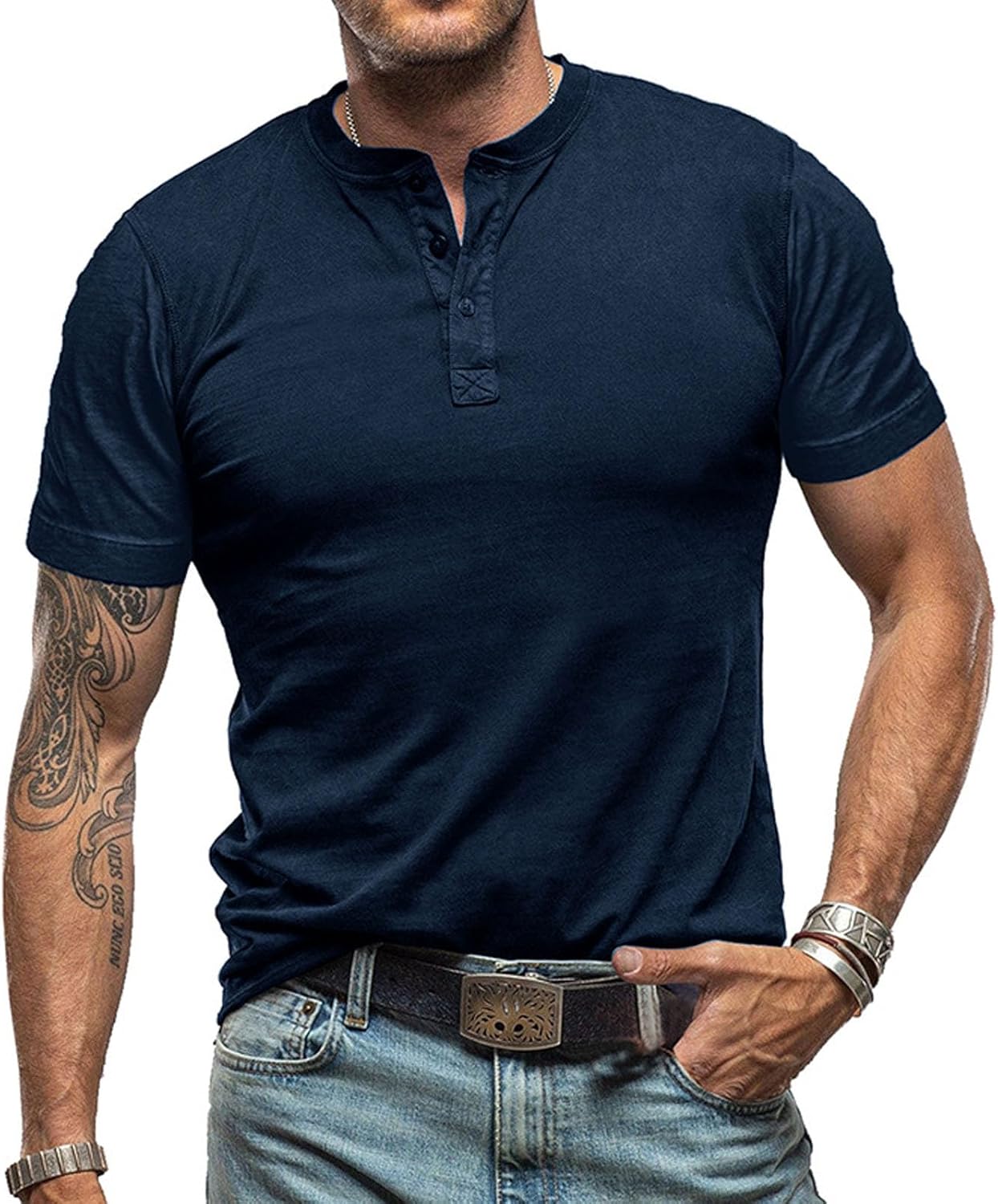 JINGTIANCD Men's Henley Shirts Casual Button Basic Tops Short Sleeve Solid Color T-Shirt Slim Fit Summer Tee