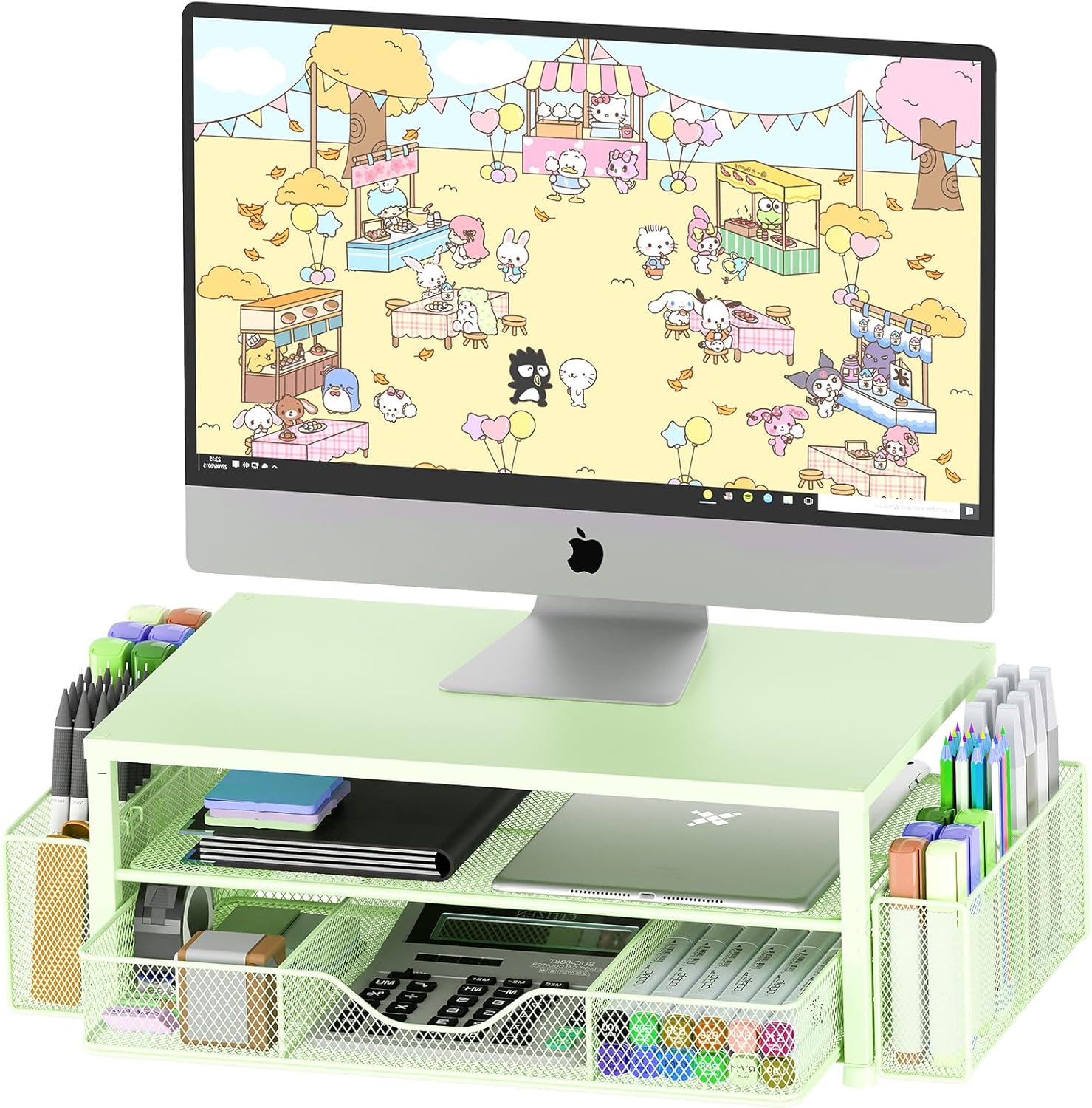 OPNICE Desk Organizer and Accessories, 2-Tier Computer Monitor Stand with Drawer and 2 Pen Holders, Office Desk Accessorie...