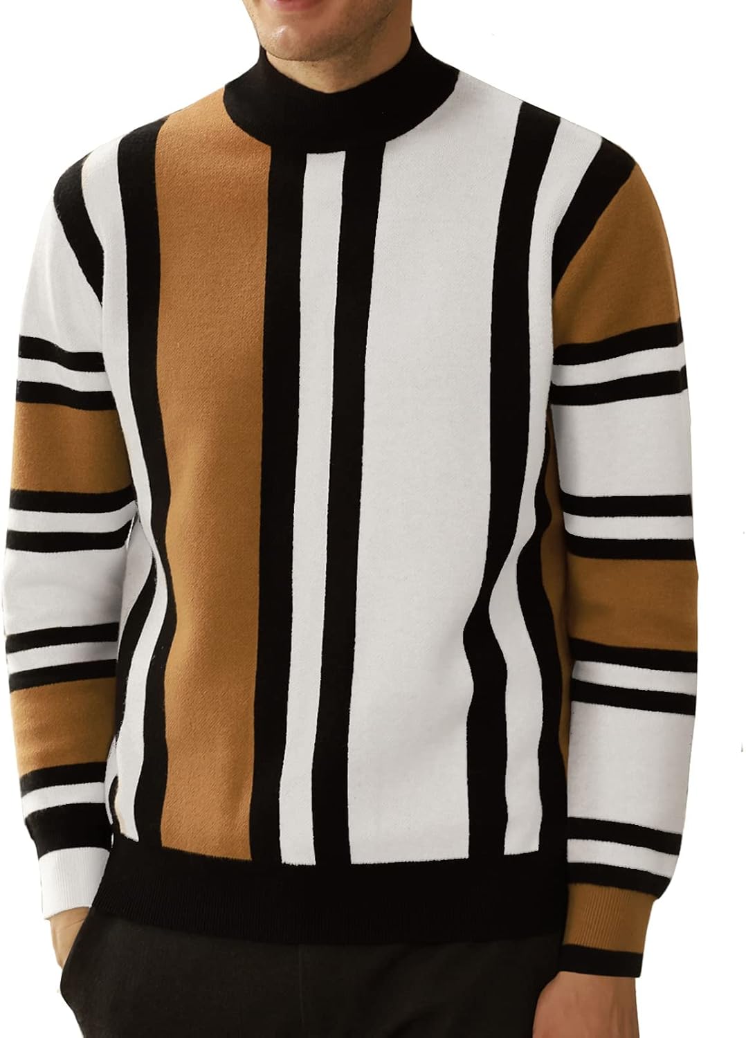 GRACE KARIN Mens Vintage Sweater Mockneck Striped Pullover Sweater Fashion Jumper Sweater