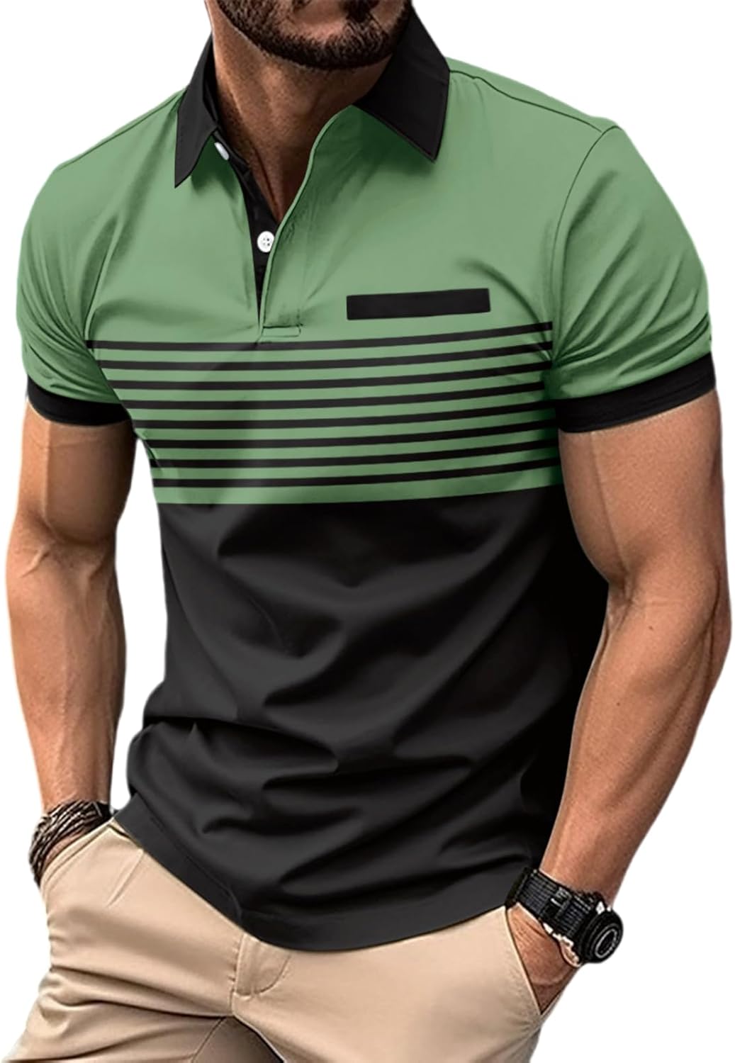 Men's Casual Polo Shirts Short Sleeve Fashion Golf Shirt Classic Striped Slim Fit T-Shirts