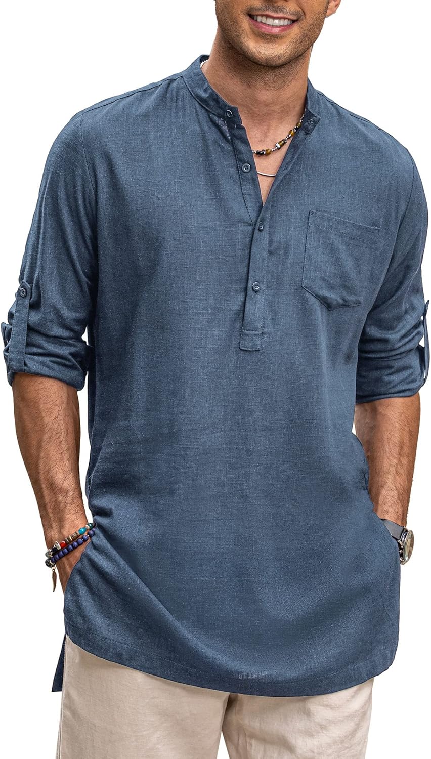 COOFANDY Men's Linen Henley Shirts Long Sleeve Collarless T-Shirts Longline Kurta Beach Shirts with Pocket